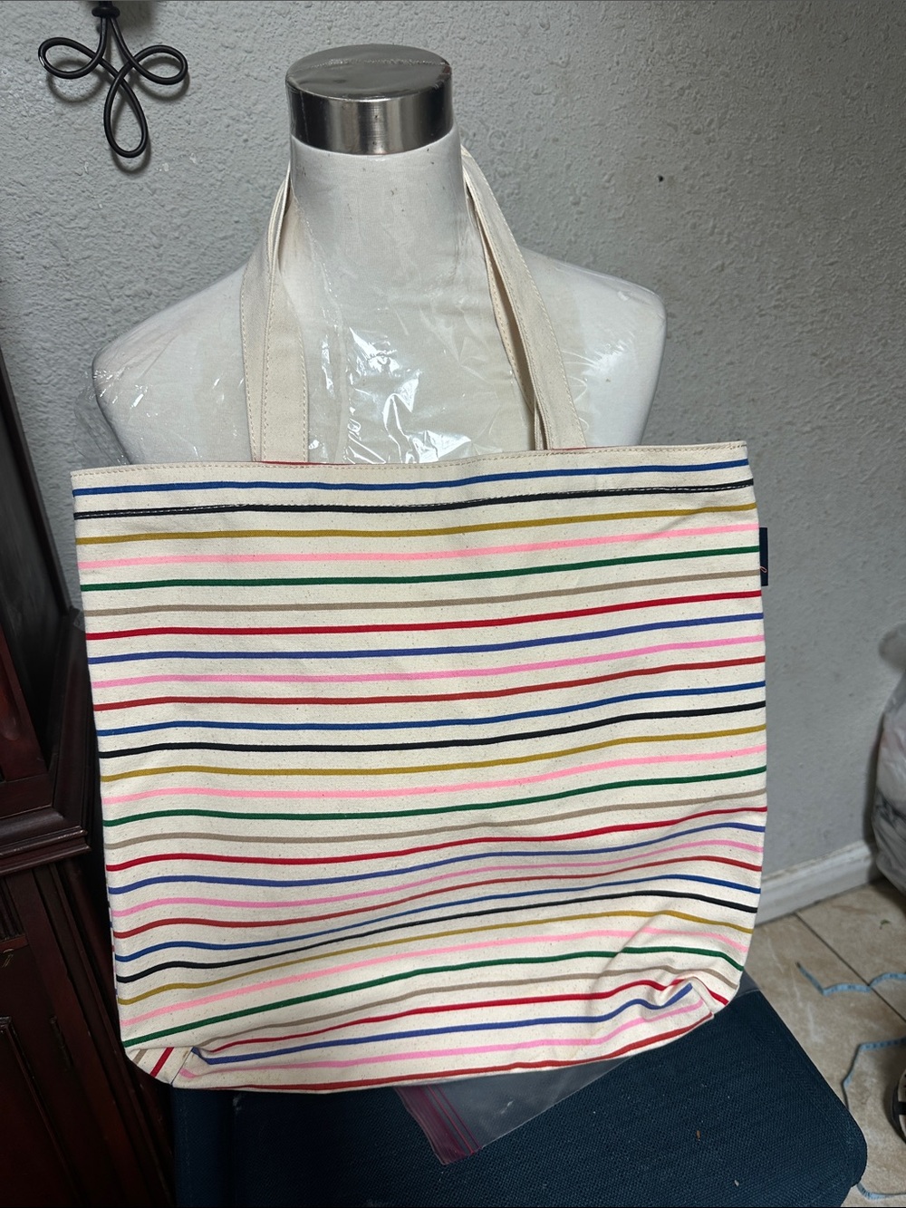 J. Crew Cream Canvas Tote with Multicolor Stripes